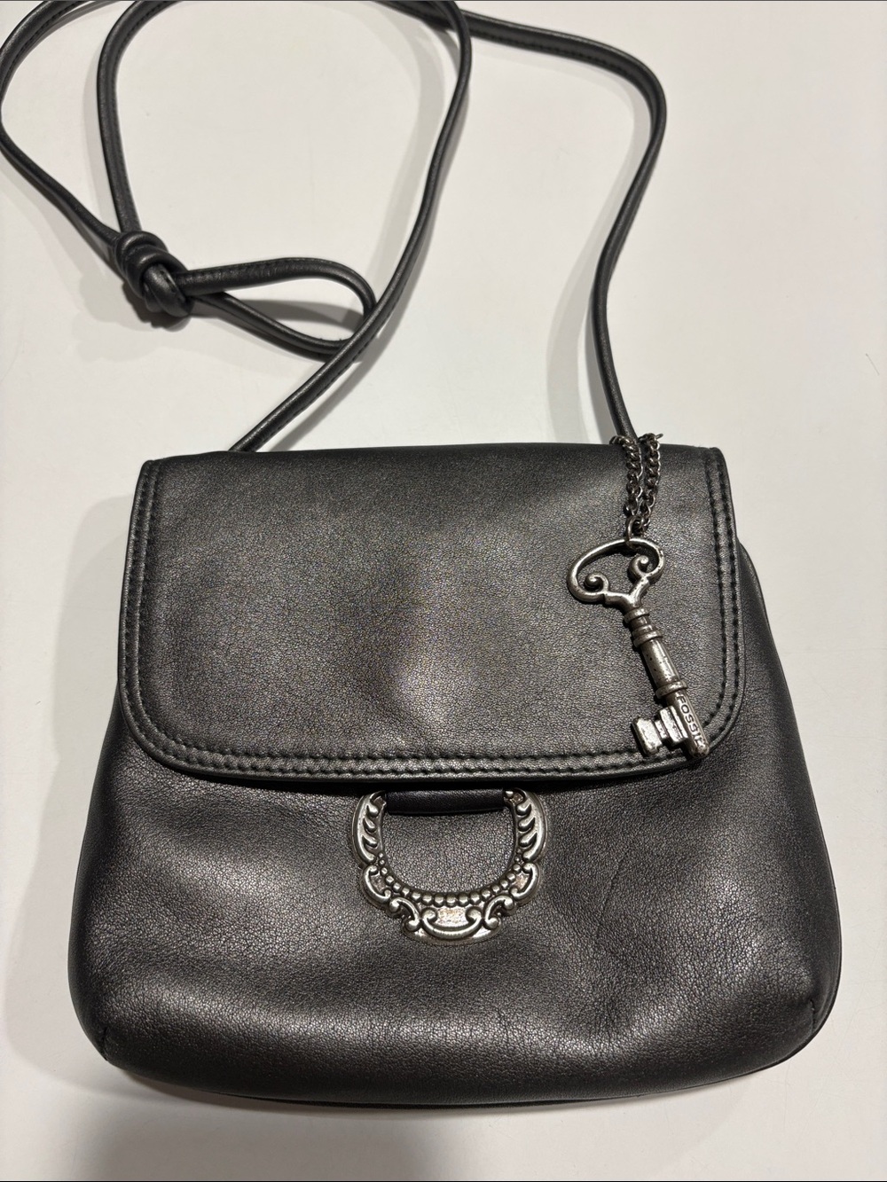 Vintage Fossil Gunmetal leather Crossbody Bag with Key Charm